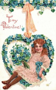 Vintage Postcard 1910's To My Valentine Pretty Girl Sitting On Heart Petals