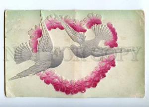 241011 PIGEONS Kiss in HEART Vintage EMBOSSED postcard
