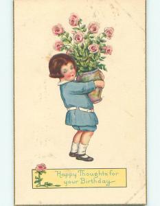 Divided-Back art nouveau CUTE GIRL HOLDS VASE OF PINK ROSE FLOWERS r4354