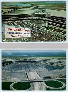 2 Postcards CHICAGO, Illinois IL ~Aerial View O'HARE INTERNATIONAL AIRPORT 1960s