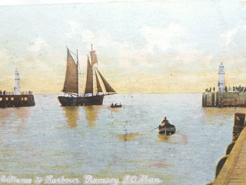 Boats in the Entrance to the Harbour Ramsey Isle of Man Vintage Postcard 1906