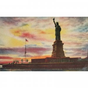 Statue Liberty Sunrise Ellis Island Hudson River New York City NY Linen Postcard