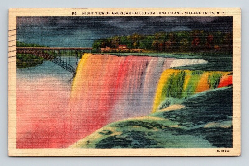 Night View American Falls Luna Island Niagara Waterfalls New York PM Postcard 