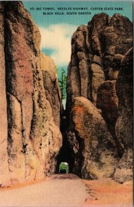 Vtg 1930s Big Tunnel Needles Highway Black Hills South Dakota SD Linen Postcard