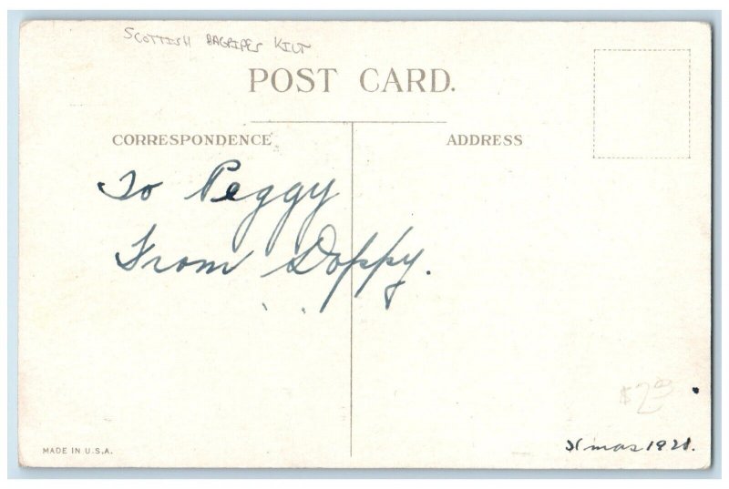 Garrett Price Artist Postcard Scottish Bagpipes Kilt c1910's Posted Antique