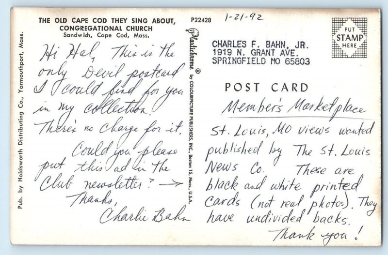 c1960 Cape Cod Massachusetts MA Postcard Old Cape Cod Sing Congregational Church