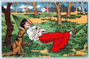 Resignation Postcard Woman Hammock Reading Book Dog Oakland California CA 1909