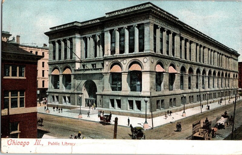 Chicago Illinois Public Library Street View Cancel 1c Stamp WOB Postcard Vintage