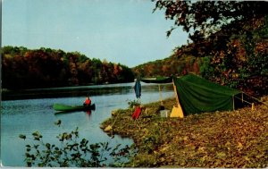 Grant Heilman Lakeshore Tent Camp Fishing From Canoe Trees Postcard