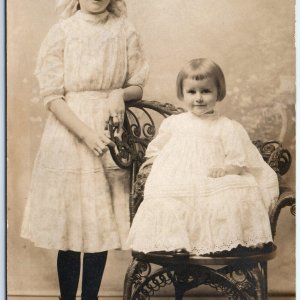 c1910s Cute Little Girls RPPC Siblings Sisters Real Photo Portrait PC Chair A185