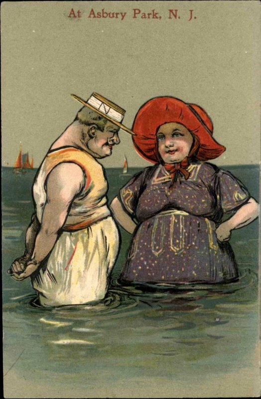 Asbury Park NJ Bathing Fat Man Woman Bathing Suits Embossed Postcard c1910