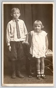 RPPC Sweet Boy Handmade Tie Cutest Girl Sister Brother Studio Photo Postcard G27