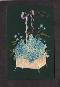 Birthday Greetings Postcard Blue Flowers Basket Ribbons 1909 Vintage