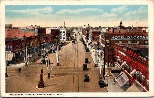 Postcard Broadway Looking North Trolley Street Car Autos Fargo North Dakota