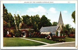 1931 Glendale CA-California, Church of The Flowers, Trees & Roadway, Postcard