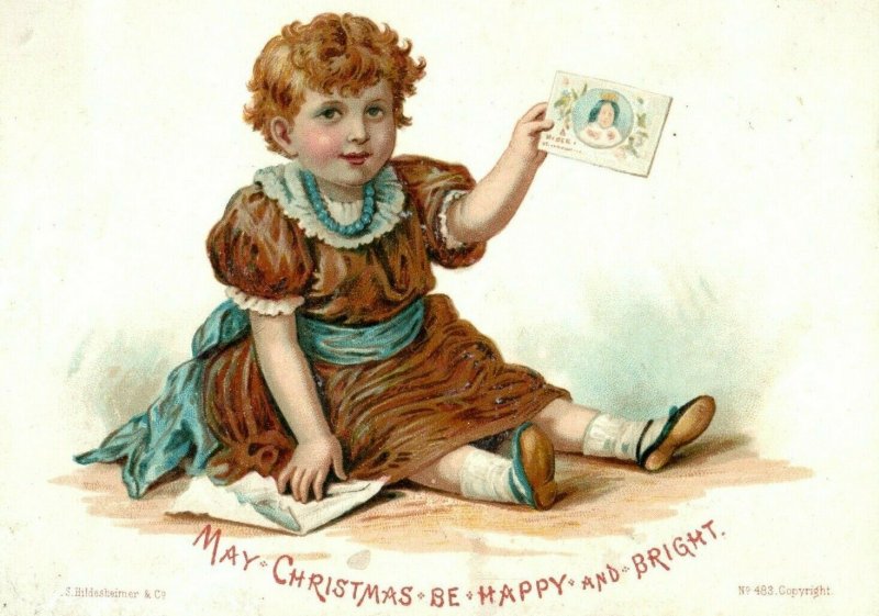 Victorian Christmas Card Hildesheimer & Co Lovely Child Opening Holiday Card P49