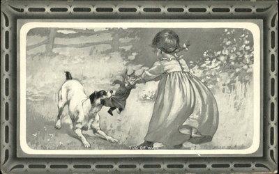 Child Plays Tug-o-war w Fox Terrier Dog c1910 Postcard