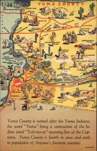Yuma County Arizona AZ Pictorial Map Linen Vintage Postcard