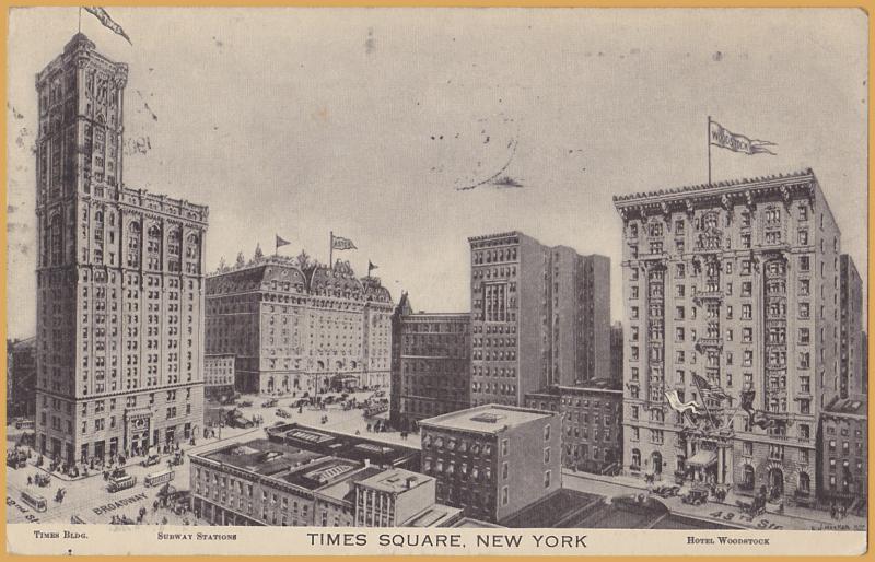 New York City, Times Square, Times Blg, Subway, Hotel Woodstock Advert Card-1908