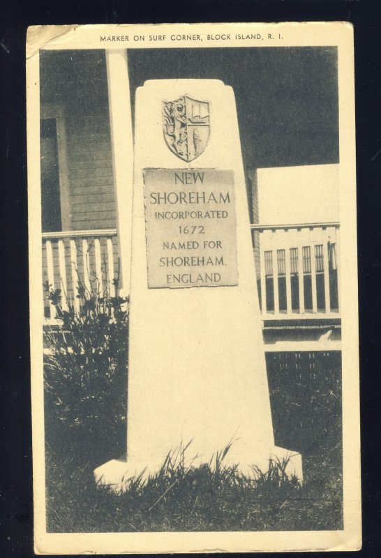 Block Island, Rhode Island/RI  Postcard, New Shoreham Marker On Surf Corner