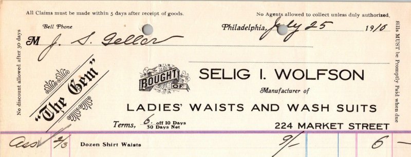 ANTIQUE 1910 SELIG I WOLFSON THE GEM LADIES WAISTS AND WASH SUITS PHILADELPHIA