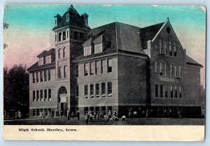 Hartley Iowa IA Postcard High School Building Exterior People Scene 1914 Antique