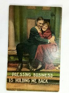 1912 Pressing Business in Holding me Back Man & Woman Together, Vintage Postcard