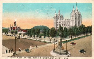 Vintage Postcard 1924 Temple Block & Brigham Young Monument Salt Lake City Utah