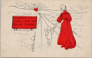 Woman Angel Wings 'Cheer Up It's A Long Lane' Road Heart Red Unused Postcard G50