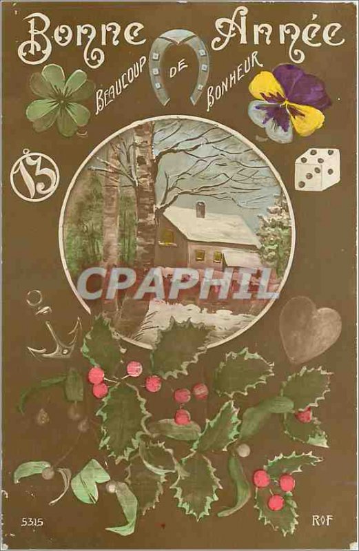 Old Postcard Happy New Year Flower Horseshoe