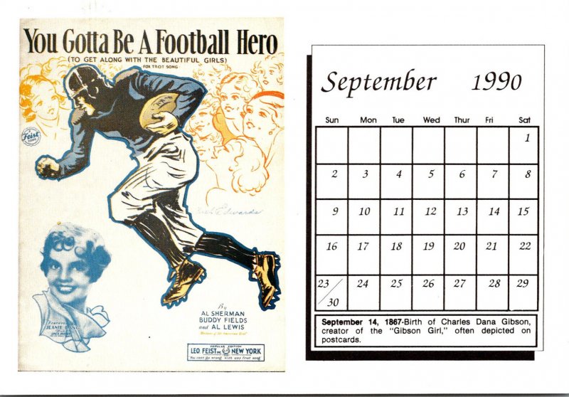 1990 Sheet Music Calendar Series September You Gotta Be A Football Hero To Ge...