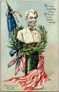 Bust of Abraham Lincoln Tucks Decoration Day Embossed Glitter Vtg Postcard X07