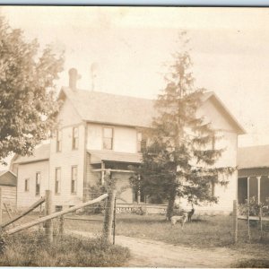 1909 Farm House RPPC Acreage Sheep Dog Real Photo Home Postcard Barn Fence A43