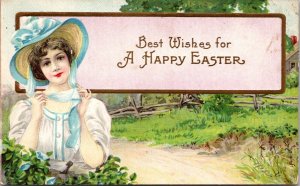 Easter Postcard Woman Putting on Easter Bonnet