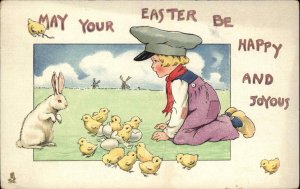 Tuck Little Dutch Boy with Chicks and White Rabbit c1910 Vintage Postcard