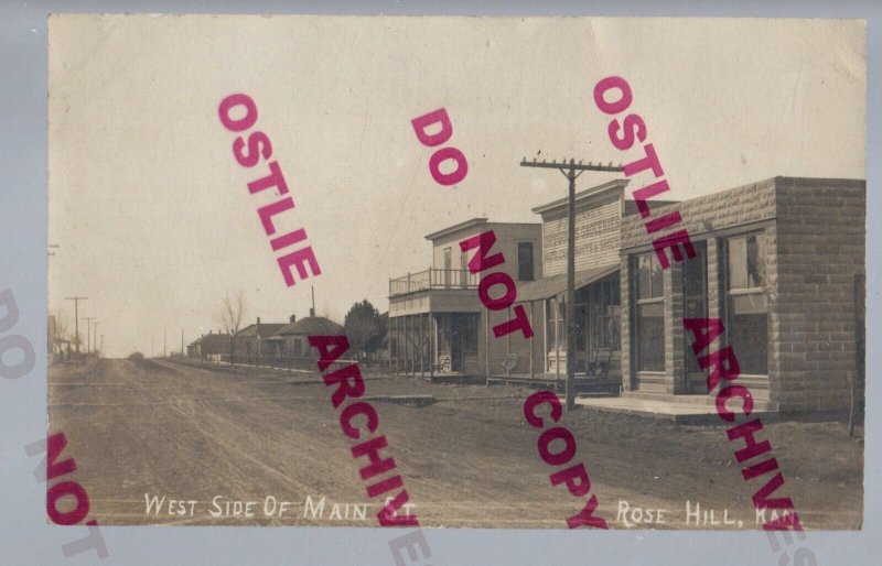 Rose Hill KANSAS RPPC c1910 MAIN STREET Stores nr Wichita Derby Augusta Douglass