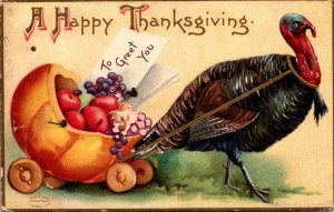 Thanksgiving Turkey Pulling Melon Wagon Loaded With Fruit