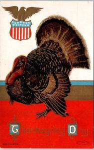 Patriotic  THANKSGIVING  Greeting  Embossed Postcard  c1910s  TURKEY, EAGLE Flag