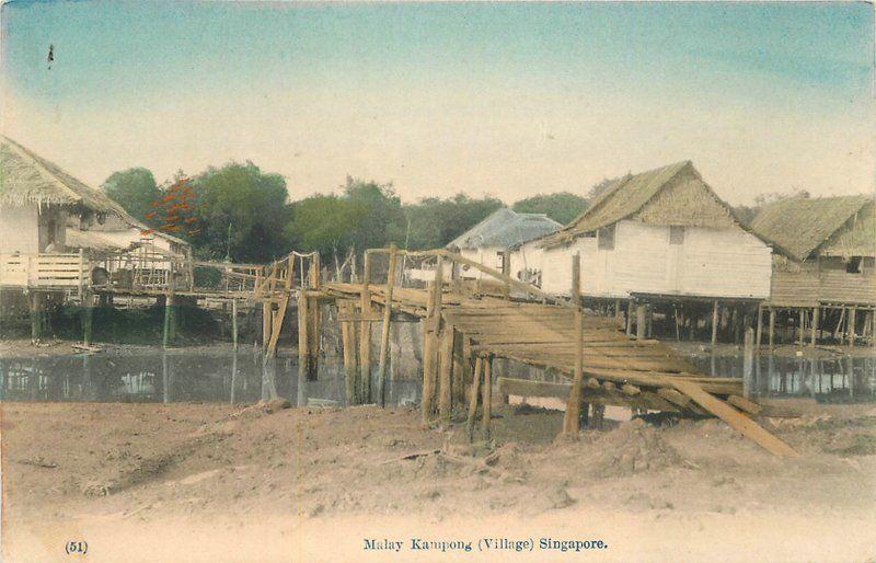 c1910 Singapore Malay Kampong Fishing Village Hand Colored