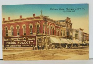 Indiana IN. Rushville NW Corner Main & Second Walcott Store 1910 Postcard M7