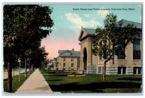 1913 Sixth Street And Public Library Tree-lined Scene Traverse City MI Postcard 