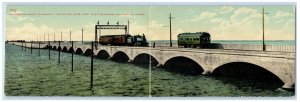 c1910 Fold Out Panoramic Galveston Causeway Locomotive Train Texas TX Postcard