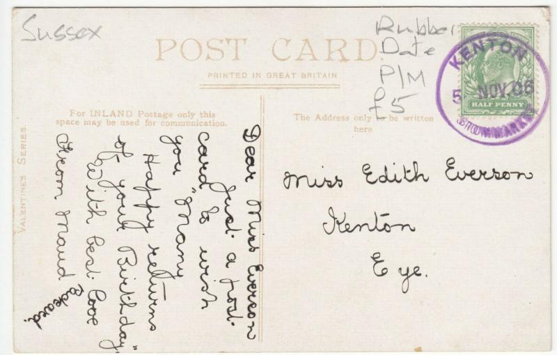 Sussex; Barbary Sheep, Danny, Sussex PPC Rubber 1906 PMK, To Edith Everson, Eye