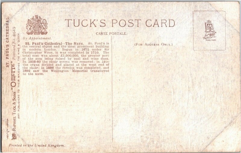 Tucks 8649 St Paul's Cathedral, the Nave London Vintage Postcard V21
