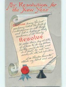 Pre-Linen NEW YEAR RESOLUTION WRITTEN ON SCROLL ON POSTCARD HQ8108