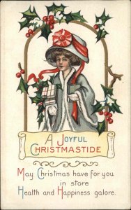 Christmas Pretty Woman in Bonnet with Gifts Vintage Postcard