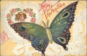 Valentine's Day Butterfly Children Heart Faces Embossed c1900s-10s Postcard 5