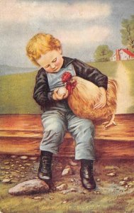 Humor DID YOU LAY DIS EGG? Little Boy Holding Chicken & Egg 1908 UDB Postcard