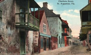 Vintage Postcard Charlotte Street Old Houses Coquina Balconies St. Augustine FL