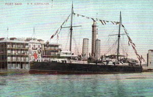 Postcard Royal Navy S.S. Gibraltar in Port Said c1900s